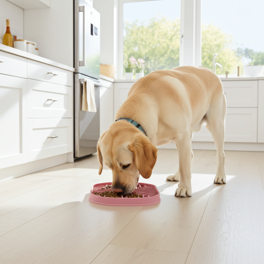 Dog eating from a pink bowl in a kitchen