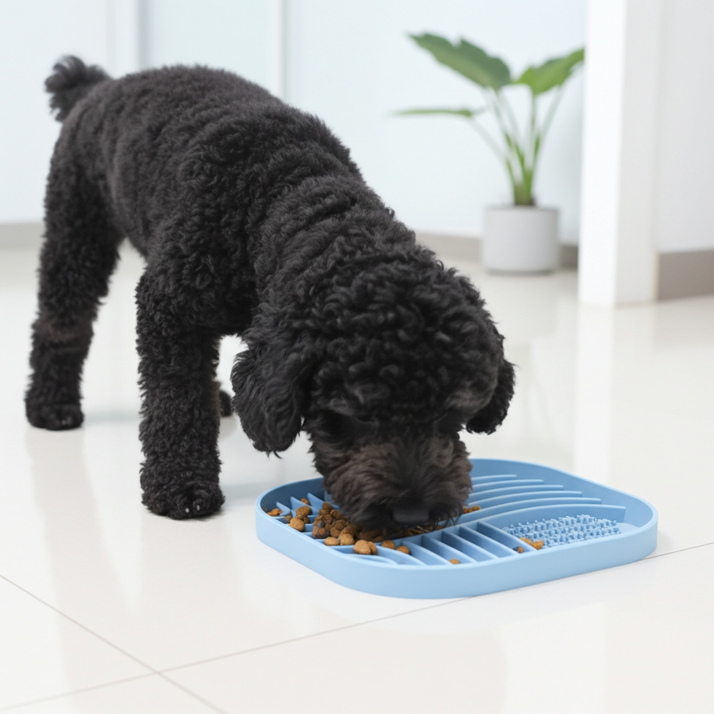 Dog eating from a blue slow feeder on a white floor.