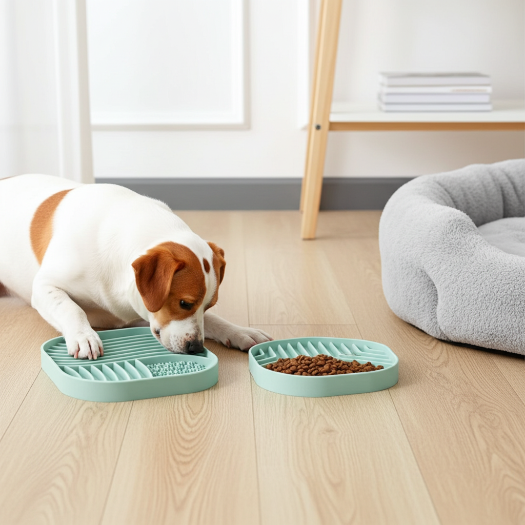 Dog eating from a green pet bowl on a wooden floor with a gray cushion in the background.