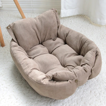Beige pet bed on a white floor