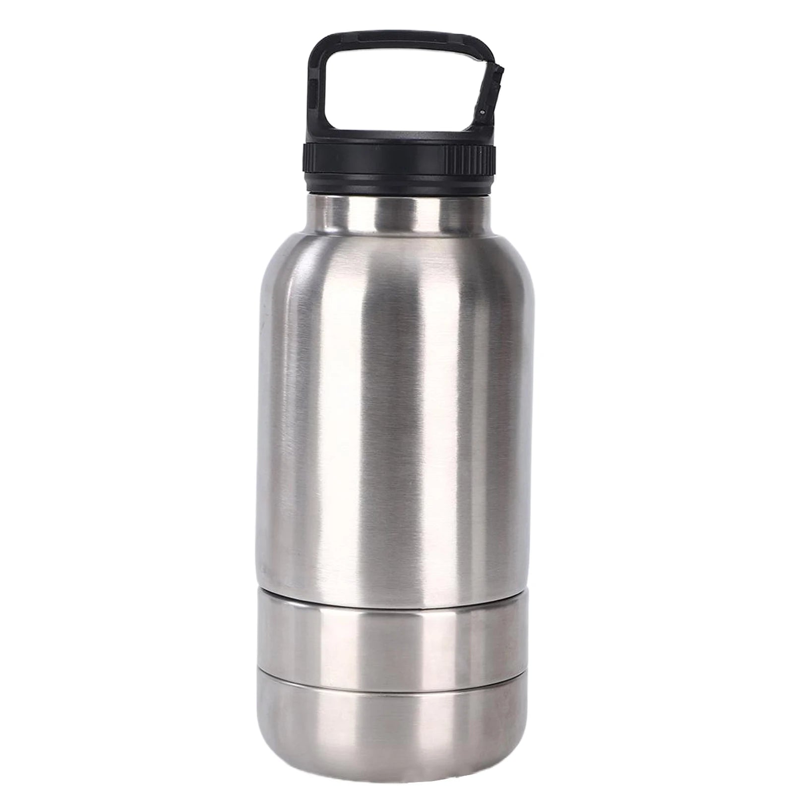 Stainless steel water bottle with black lid on a white background