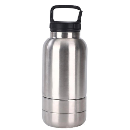 Stainless steel water bottle with black lid on a white background