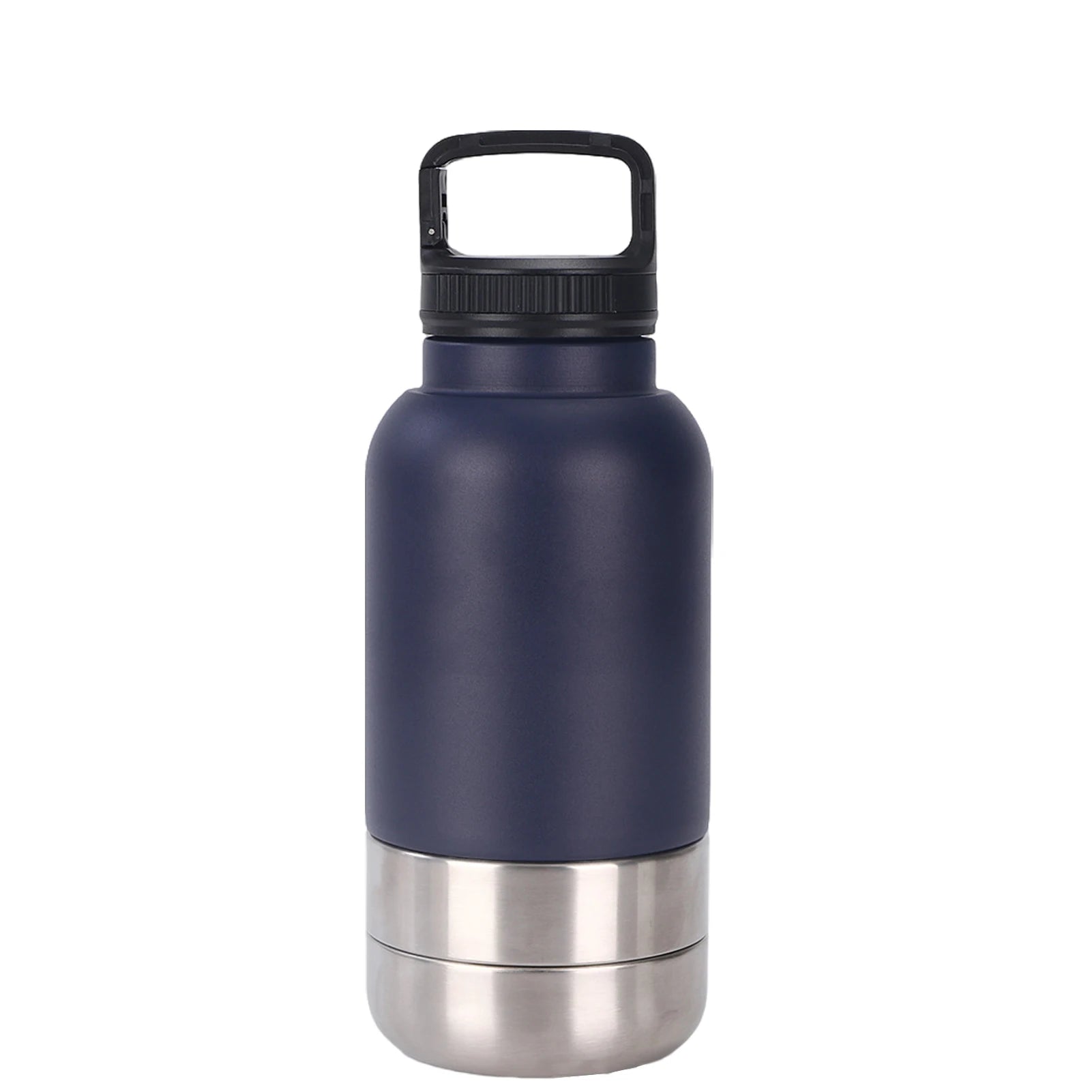Navy blue insulated bottle with a black lid on a white background