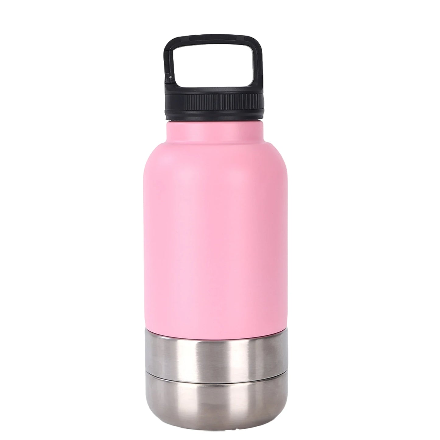 Pink water bottle with a black cap on a white background