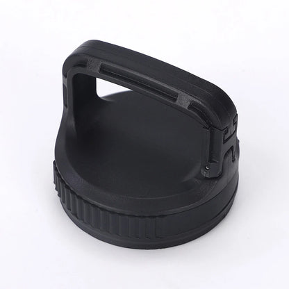 Black plastic lid with handle on a white background