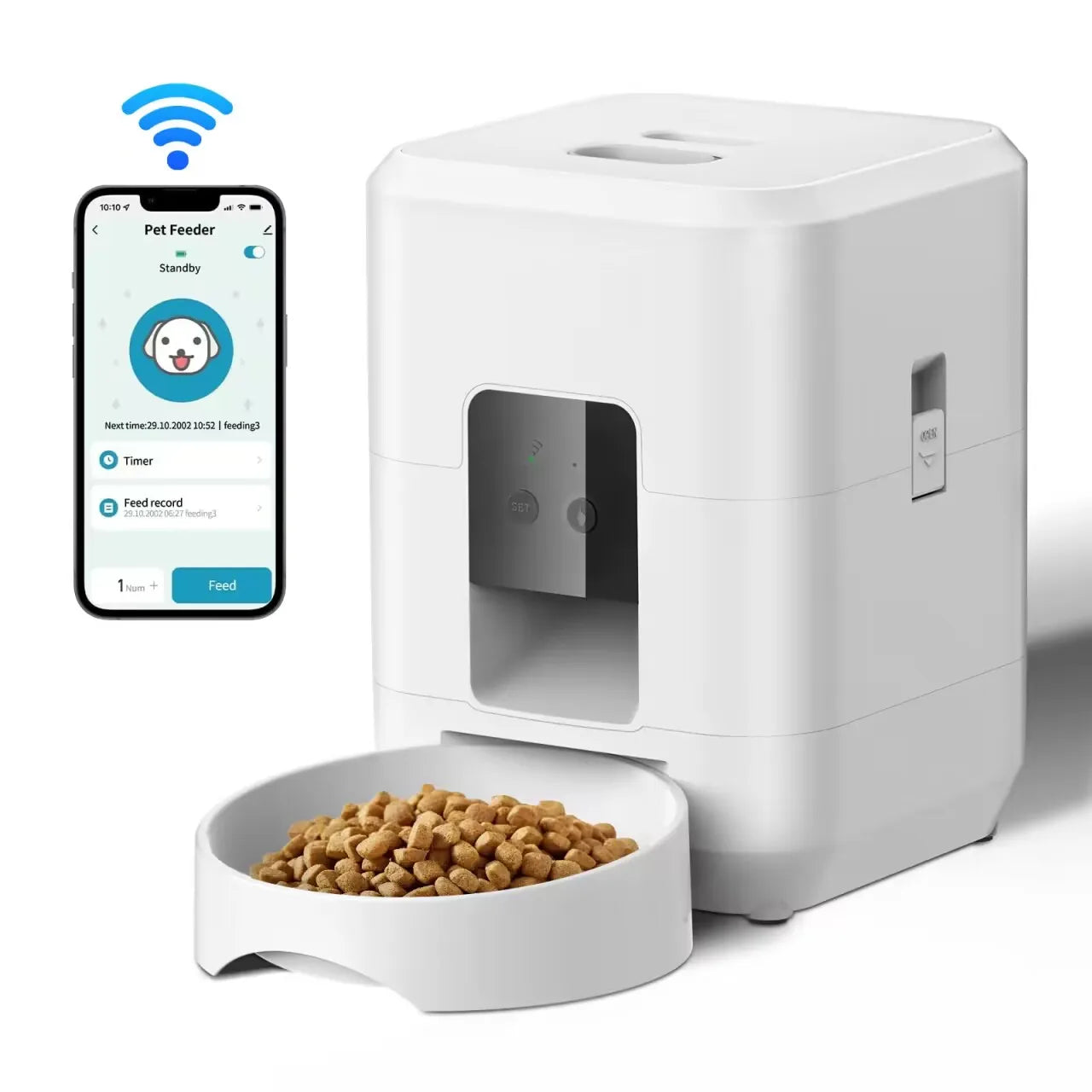 White pet feeder with a bowl of kibble and a smartphone displaying the PetSafe app on a white background