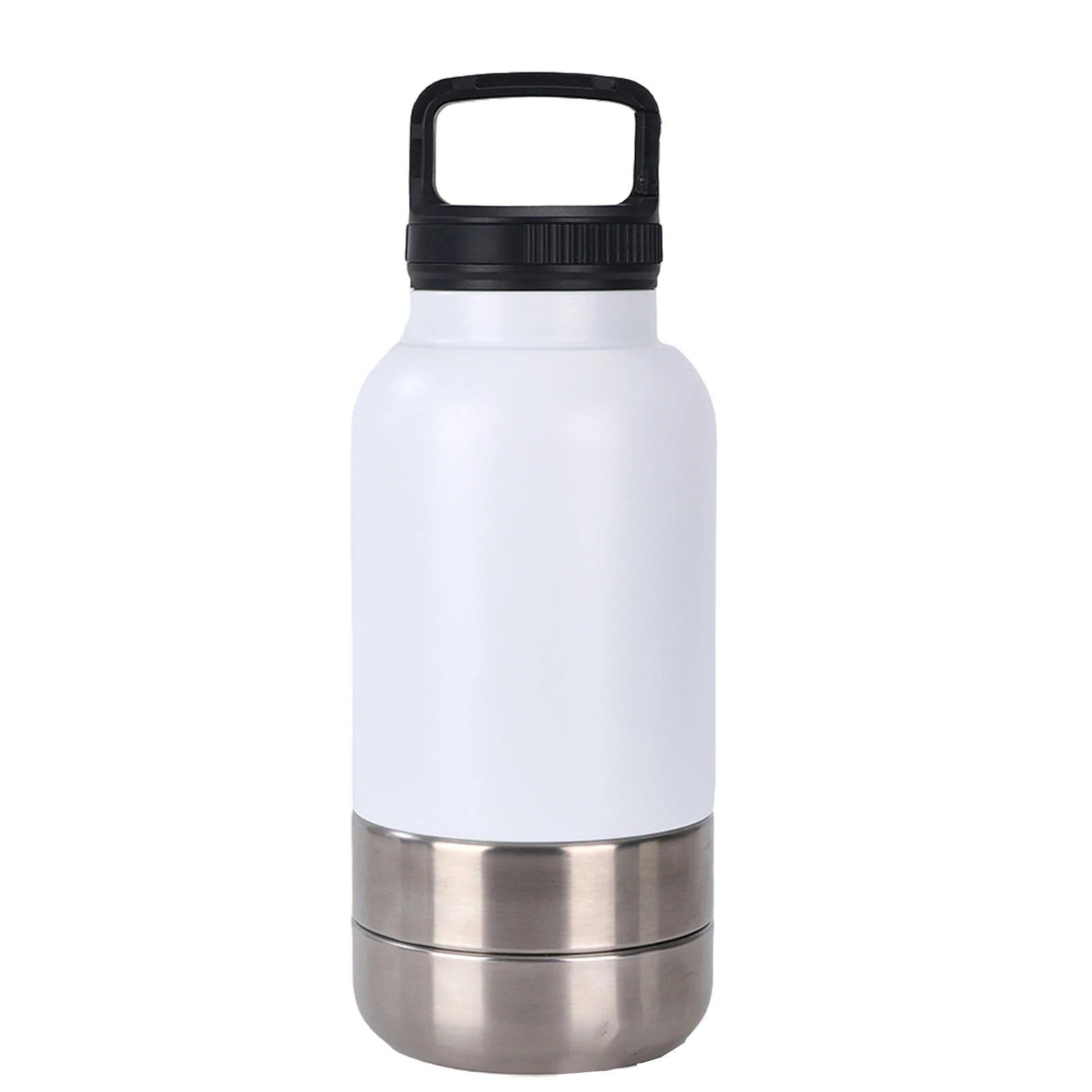 White insulated water bottle with black lid and silver base on a white background