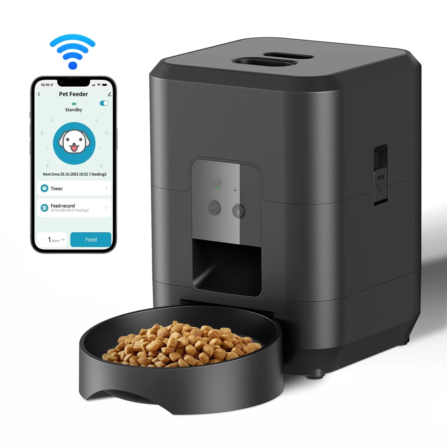 Black pet feeder with bowl of kibble and smartphone app on a white background